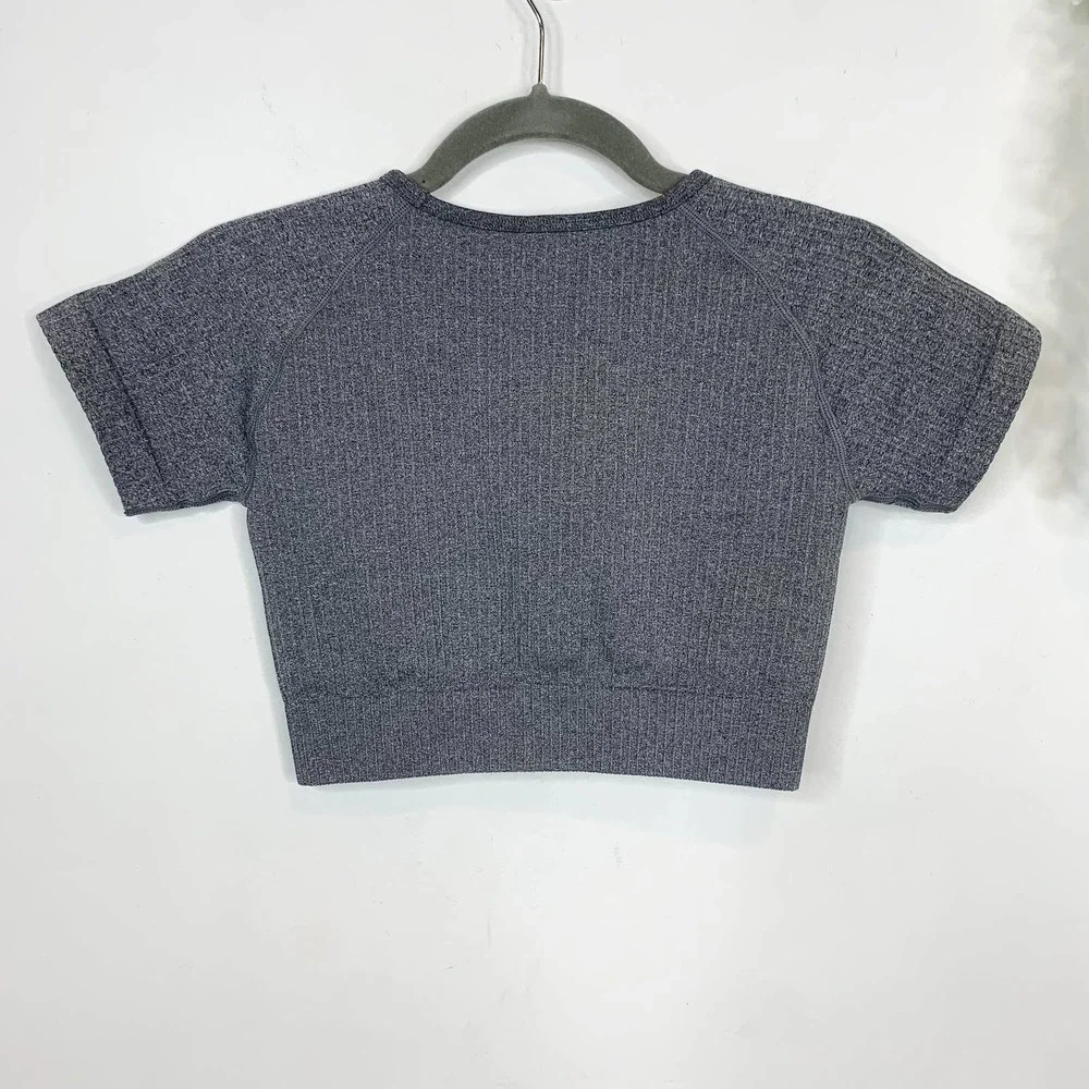 Athleisure crop top compression sports top short sleeves ribbed knit gray - Picture 6 of 6